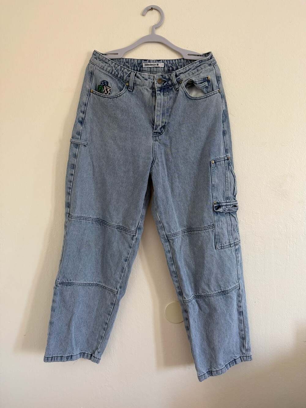 FARFROMPEACE Light Wash Cargo Jeans with Patch Embroidery
